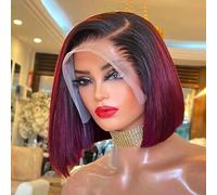 HIRIREMY Pelucas de cabello humano con encaje frontal de color borgoña degradado 99J, 13 x 4, pelucas de encaje frontal HD, sin pegamento, pelucas cortas y lacias para mujeres negras, cabello humano