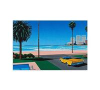 Hiroshi Nagai Sea and Yellow Car Poster Decorativo Pintura Lienzo Arte de Pared Sala de Estar Póster Dormitorio Pintura, Póster Arte en Lienzo Y Arte de Pared Impresión de Imagen Moderna Decoración de