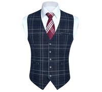 HISDERN Azul Chalecos a Cuadros para Hombre Clásico Chalecos de Algodón Formal Chaleco Traje Hombre con Bolsillos de Boda 3XL