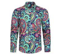 HISDERN Azules Florales Camisa para Hombre Casual Elegante Funky Impresión Camisa de Manga Larga con Botones Fiesta Boda Playa XL