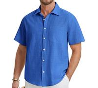HISDERN Camisa de Lino Hombre Manga Corta Azul Color Sólido Camisas Casual Elegante Camisa de Verano con Bolsillo para Formal Playa Regular Fit 3XL