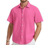 HISDERN Camisa de Lino Hombre Manga Corta Casual Formal Elegante Camisas Rosa con Bolsillo para Playa Regular Fit L