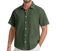 HISDERN Camisa de Lino Hombre Manga Corta Verano Ejercito Verde Casual Coton Camisa Cuello Vuelto con Botones Color Sólido para Diario Viaje S