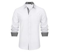 HISDERN Camisa de Manga Larga para Hombre, Corte Recto, para Traje Formal, Trabajo, Bodas, Ocio, Fiestas, Abotonada hasta el Cuello, M