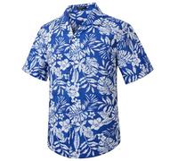 HISDERN Camisa Hawaiana Camisas para Hombre Manga Corta Verano Funky Hawaii Hoja Impreso Botón Abajo Camisa de Manga Corta Cuello Cubano Camisas de Playa para Hombre Fiesta de Vacaciones Azul M