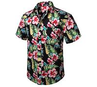 HISDERN Camisa Hawaiana para Hombre Funky Flores de Verano Camisas Hombres de Playa con Estampado Aloha Shirt,Negro-1,4XL