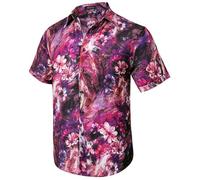 HISDERN Camisa Hawaiana para Hombre Manga Corta Verano Funky Aloha Hawaii Camisas Casual Floral Camisa de Playa Shirts Rosa/Morado XXL