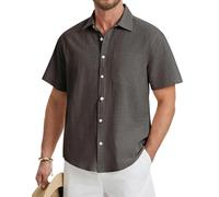 HISDERN Camisa Hombre Manga Corta de Lino Gris Camisa de Verano Hombre Color Sólido Shirts Casual Algodón Elegante Camisas con Botónes Regular Fit 3XL