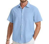 HISDERN Camisa Hombre Manga Corta de Verano Azul Claro Camisa de Lino Hombre Color Sólido Shirts Casual Algodón Elegante Camisas con Botónes Regular Fit 4XL