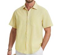 HISDERN Camisa Hombre Manga Corta de Vestir Amarillo Camisa de Lino Casual Elegante con Botones Regular Fit 4XL