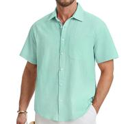 HISDERN Camisa Hombre Manga Corta de Vestir Verde Menta Camisa de Lino Hombre Color Sólido Shirts Casual Algodón Elegante Camisas con Botónes Regular Fit XL