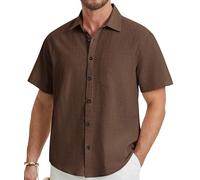 HISDERN Camisa Hombre Manga Corta Verano Camisa de Lino Hombre Color Sólido Casual Elegante Regular Fit Marrón L