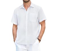 HISDERN Camisa Lino Blanco Hombre Manga Corta Color Sólido Shirts Casual Algodón Camisetas Elegante Coton Camisas con Botónes para Playa Regular Fit XL