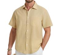 HISDERN Camisa Lino Hombre Manga Corta Beige Casual Verano Color Sólido Camisas Elegante Algodón Camisa con Bolsillo con Botónes Shirt Regular Fit L