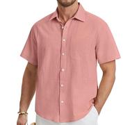 HISDERN Camisa Lino Hombre Manga Corta Camisa de Verano Color Sólido Camisas Casual Algodón Elegante con Botones Regular Fit Rosa Coral M