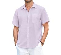 HISDERN Camisa Lino Hombre Manga Corta Casual Verano Camisa Elegante Algodón con Bolsillo y Botones Regular Fit Lila M