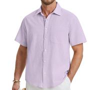 HISDERN Camisa Lino Hombre Manga Corta Casual Verano Camisa Elegante Algodón con Bolsillo y Botones Regular Fit Lila L