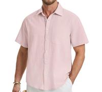HISDERN Camisa Lino Hombre Manga Corta Casual Verano Camisas con Botones Color Sólido Informal Color Sólido Camisetas Playa Boda S
