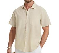 HISDERN Camisa Lino Hombre Manga Corta Casual Verano Camisas Elegante Algodón con Bolsillo y Botones Champán XL
