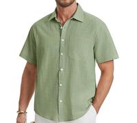 HISDERN Camisa Lino Hombre Manga Corta Casual Verano Camisas Elegante con Bolsillo Regular Fit Verde Salvia 4XL