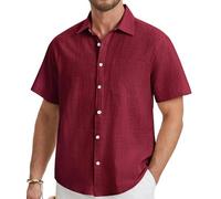 HISDERN Camisa Lino Hombre Manga Corta Casual Verano Color Sólido Camisas Elegante Algodón Camisa con Bolsillo con Botónes Shirt Regular Fit Borgoña M