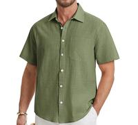 HISDERN Camisa Lino Hombre Manga Corta Color Sólido Verde Oliva Camisas Casual Algodón Elegante con Botones para Playa Regular Fit L