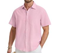 HISDERN Camisa Lino Hombre Manga Corta Rosa Color Sólido Casual Algodón Camisetas Elegante Playa Boda Coton Camisas con Botónes Regular Fit L