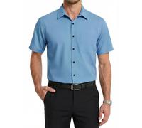 HISDERN Camisa Manga Corta Hombre Vestir Formal Verano Camisas de Fibra de Bambú para Hombre Elegante Business con Botónes Regular Fit Azul 4XL