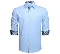 HISDERN Camisa Manga Larg Azul Claro para Hombre de Negocios de Corte Regular con Botones Camisas de Vestir con Bolsillo