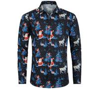 HISDERN Camisa Navideña Hombre Manga Larga Casual Camisas de Navidad Negro Funky Fiesta Camisa Estampado de Papá Noel Botones M
