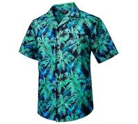 HISDERN Camisas Hawaianas para Hombre Camisa Hawaiana Casual de Manga Corta para Hombre Estampado de Palmeras Funky Button Down Corte Normal Cuello Cubano Camisa Aloha de Playa Negro/Verde/Azul 2XL