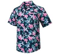 HISDERN Camisas Hawaianas para Hombre Manga Corta Verano Funky Hawai Camisa de Manga Corte normat Cuello Cubano de Playa Camisas Florales con Bolsillo Azul Marino y Rosa 4XL