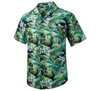 HISDERN Camisas Hawaianas para Hombres de Manga Corta Verano Funky Hawai Camisa de Manga Corte Normal Playa Cuello Cubano Button Down Flores Hojas Camisas con Bolsillo Verde L
