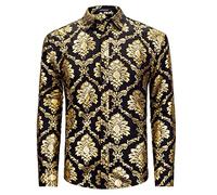 HISDERN Camisas Negro Floral para Hombre Manga Larga Casual Oro Flor Impresión Moda Camisa Brillante Elegante Fiesta Boda Show Club XXL
