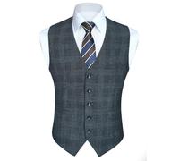 HISDERN Chaleco a Cuadros Azul Marino Hombre Algodón Chalecos de Traje Formal Chaleco Vestir con Bolsillo para Negocio Boda 3XL
