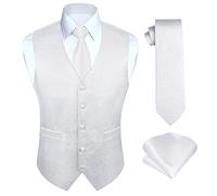 HISDERN Chaleco de boda blanco para hombres Chalecos de Paisley Jacquard Corbata Bolsillo cuadrado Pañuelo Banquete de boda Chaleco de ajuste de negocios Conjunto de traje 4XL