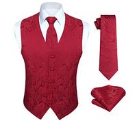HISDERN Chaleco de boda para hombre Borgoña Paisley Chaleco rosa Floral Jacquard Corbata Bolsillo cuadrado Pañuelo Banquete de boda M