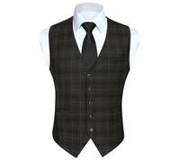 HISDERN Chaleco de Traje Para Hombre de Vestir de Fiesta de Boda de Algodón a Cuadros Marrón 2XL