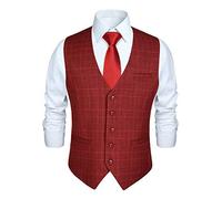 HISDERN Chaleco de traje rojo para hombre Chaleco traje hombre algodón a cuadros de vestir de fiesta de boda