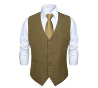 HISDERN Chaleco formal de fiesta de boda para hombres Chaleco de algodon a cuadros de color caqui de traje