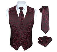 HISDERN Chaleco Negro Rojo Hombres Traje Paisley Floral Jacquard Corbata Bolsillo Cuadrado Banquete de Boda Conjunto de Traje de Chaleco de Ajuste de Negocios,XL,Negro & rojo-N