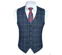 HISDERN Chalecos a Cuadros Azul Hombre Chaleco de Vestir Elegante Chaleco de Algodón con Bolsillos para Boda Negocio M