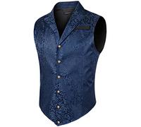HISDERN Chalecos de Hombre Elegante Paisley Jacquard Hombres Chaleco Formal Gótico Steampunk Victoriano,Azul Marino,M