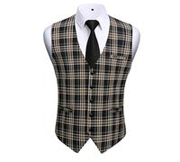 HISDERN Chalecos de Vestir para Hombre a Cuadros Chaleco Traje Hombre Marrón Oscuro de Algodón Formal Elegantes de Boda Fiesta Con Bolsillos M