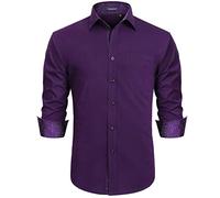 HISDERN Chemise habillée Violette pour Homme Manches Longues formelles Boutonnée Marron Pois Travail Mode Smart Col Floral Coupe régulière Chemise Violet foncé M