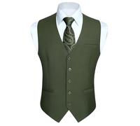 HISDERN Hombres Fiesta formal Boda Negocio Algodon Chaleco Color solido Chaleco Verde del ejercito