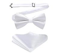 HISDERN Pajarita Hombre Blanco y Pañuelo a Juego Set Clásico Pre-atado y Ajustable Corbatín Color Liso Pajarita Versátil para Boda Negocios y Gala