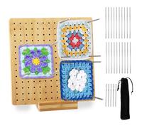 Hisdricus Blocco di Blocco per Granny Square - Tavola di Blocco per Uncinetto 20x20 cm - Bambù Tavola per Granny con 20 Perni, 5 Aghi Inox e 1 Supporto - Accessori per Progetti di Maglia e Uncinetto