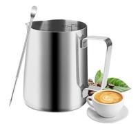 Hisdricus jarra leche barista, 350 ml jarra acero inoxidable, con marcas de medición, pluma adecuada para arte latte, adecuada para capuchino, café con leche y café expreso （plata）