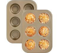 Hisdricus Juego de 2 moldes para magdalenas, antiadherente, para 6 magdalenas, para magdalenas y tartas de queso, aptos para horno, color dorado